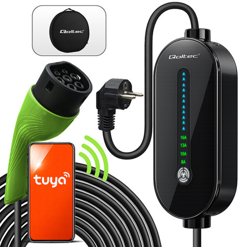 Qoltec Mobilna ładowarka do samochodu elektrycznego EV i hybryd z regulacją 2w1 Typ2 | 3.5kW | 230V | SCHUKO 16A | Wi-fi | TUYA | LED |  5m 