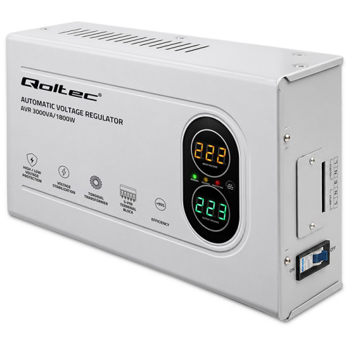Qoltec Automatyczny Stabilizator napięcia AVR 3000VA | 1800W | Compact | Toroidalny transformator 