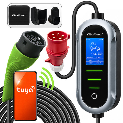Qoltec Mobilna ładowarka do samochodu elektrycznego EV i hybryd z regulacją 2w1 Typ2 | 22kW | 400V | CEE 32A | Wi-fi | TUYA | SMART LIFE | LCD | Przenośna | Wallbox | 7m
