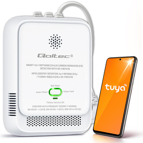 Qoltec Certyfikowany Czujnik 2w1 wycieku gazu ziemnego i tlenku węgla (czadu) | detektor CH4 | CO | NG | Tuya | Wi-Fi | alarm 85dB | LED
