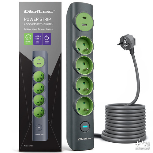 Qoltec Listwa zasilająca z podświetlanym włącznikiem | Przedłużacz 6w1 | 4 gniazda z uziemieniem | 1xUSB-C 15W | 1xUSB 12W | 1.8m 