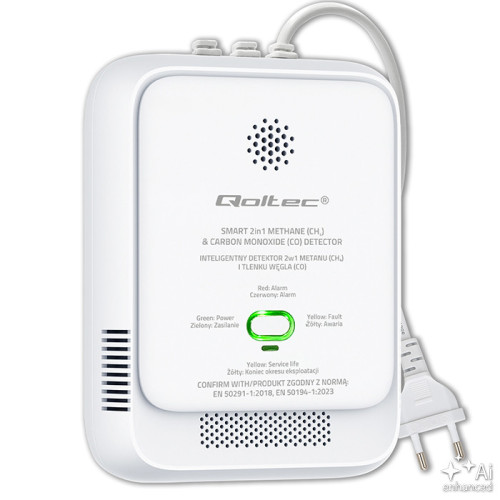 Qoltec Certyfikowany Czujnik wycieku gazu ziemnego i tlenku węgla (czadu) | detektor CH4  CO | alarm 85dB | LED