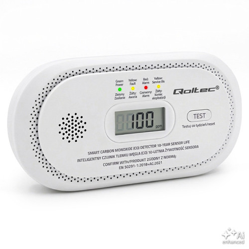 Qoltec Certyfikowany bezprzewodowy Czujnik tlenku węgla (czadu) | detektor CO | żywotność sensora 10 lat | alarm 85dB | LCD | Diody LED