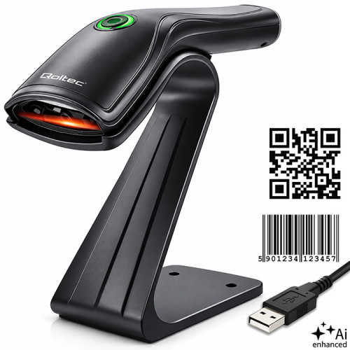 Qoltec Precyzyjny Skaner czytnik kod&oacute;w kreskowych 1D 2D + stojak na skaner | QR | EAN |  USB 