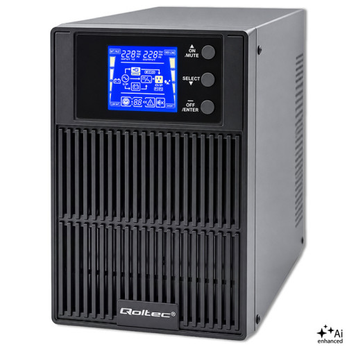 Qoltec Zasilacz awaryjny UPS On-line | Pure Sine Wave | 1kVA | 800W | LCD | USB