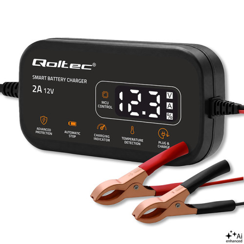 Qoltec Inteligentna mikroprocesorowa ładowarka 12V | 2A | Prostownik  do akumulatora AGM GEL | LCD
