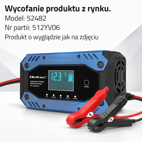 Qoltec Inteligentna ładowarka do akumulatora STD AGM GEL LiFePO4 | Prostownik z funkcją naprawy |12-24V |10A | LCD | 9 - stopniowe ładowanie