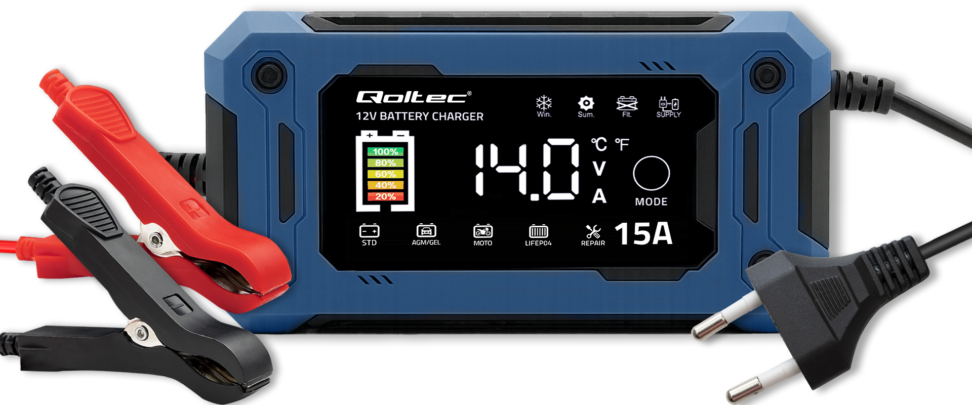 Qoltec Prostownik 12V 15A Ładowarka mikroprocesorowa LCD