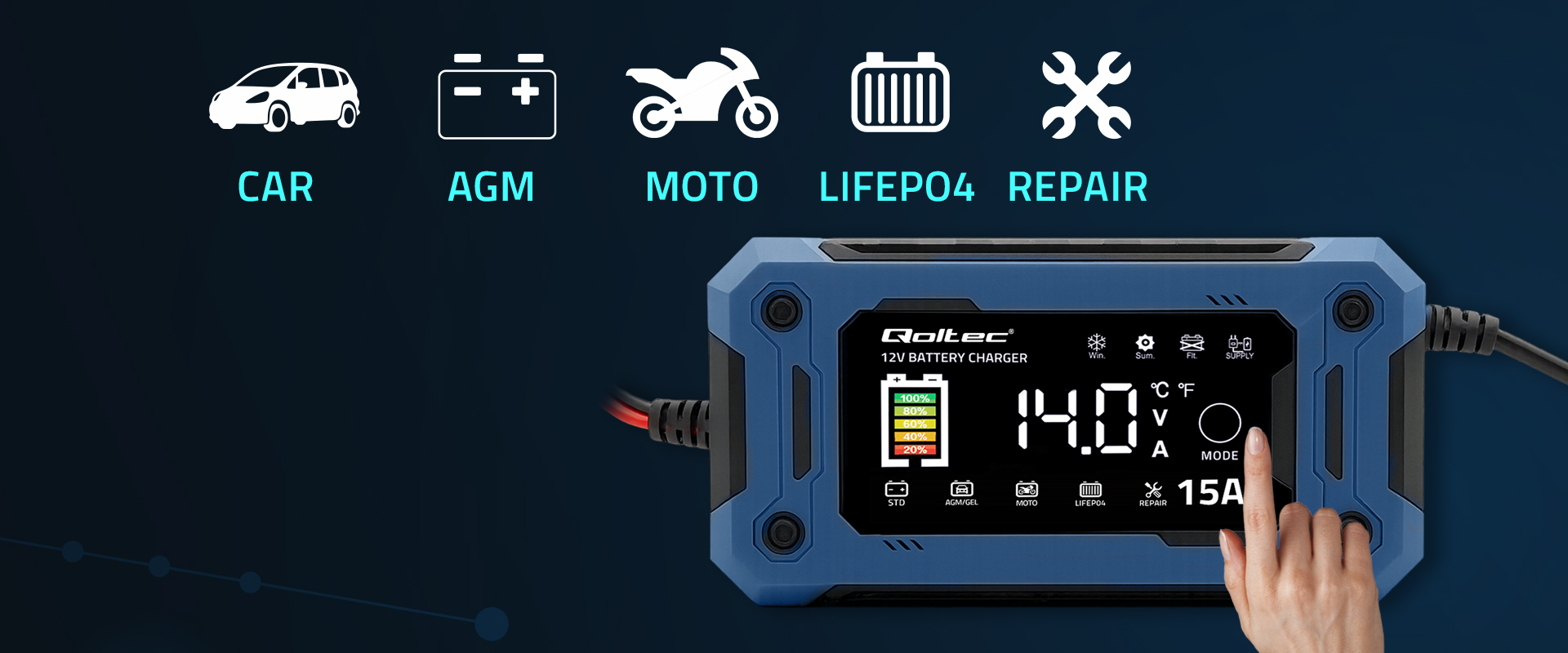 Qoltec Prostownik 12V 15A Ładowarka mikroprocesorowa LCD